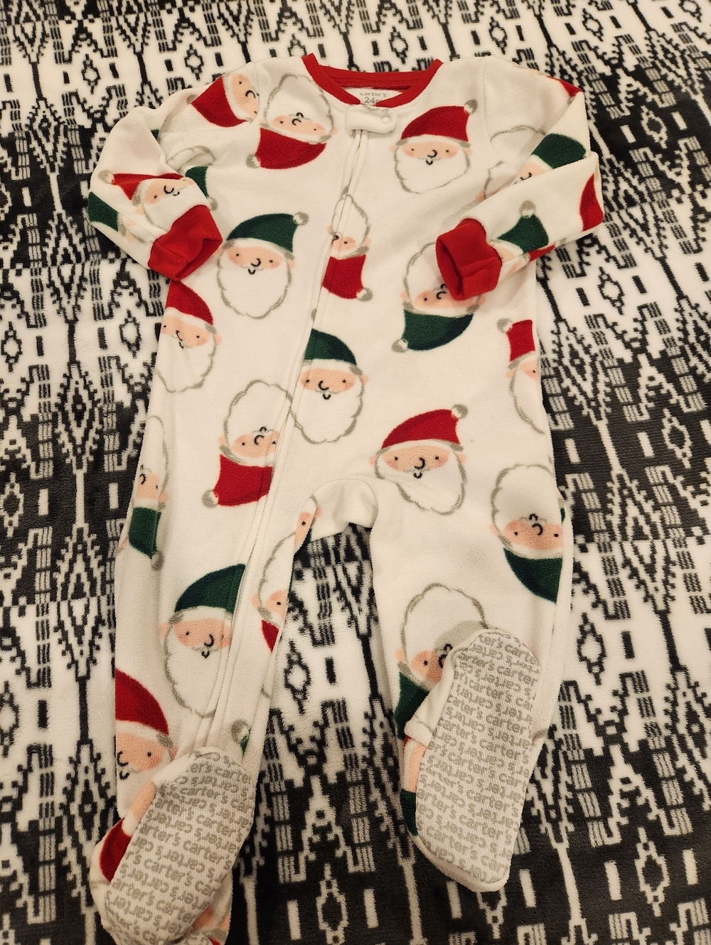 Carter's White Fleece Santa Print Footie with Red & Green Accents, Size 24M